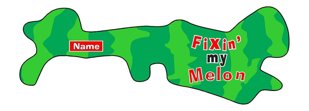 Fixin&#39; My Melon doc Band Wrap. Watermelon design with a place with the child&#39;s name in white letters on red square background. The words Fixin&#39; My Melon in red and black with a white outline are placed on the side.