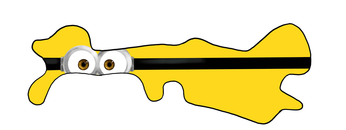 This Minion doc band wrap features a simplified design highlighting the iconic Minion eyes. Against a bright yellow background, there&#39;s a thick black horizontal stripe. Centered on this stripe are two large, circular Minion eyes, each with a white sclera, brown iris, and black pupil. The overall design is clean, playful, and instantly recognizable as a Minion.