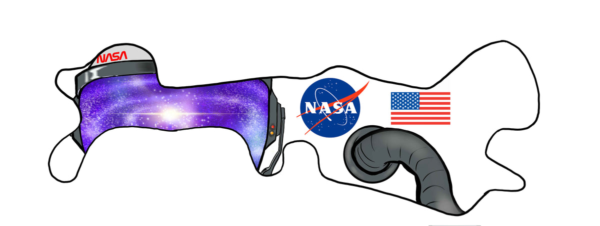 This wrap features a white astronaut helmet as its central element. The helmet is white with a glossy finish. The visor displays a vibrant image of a swirling galaxy with a bright star at its center. The NASA logo is displayed on the side of the helmet in red lettering. A realistic oxygen tube is connected to the helmet, resembling an actual astronaut&#39;s gear. To the right of the helmet is the official NASA logo. The American flag is placed adjacent to the NASA logo, showcasing national pride.