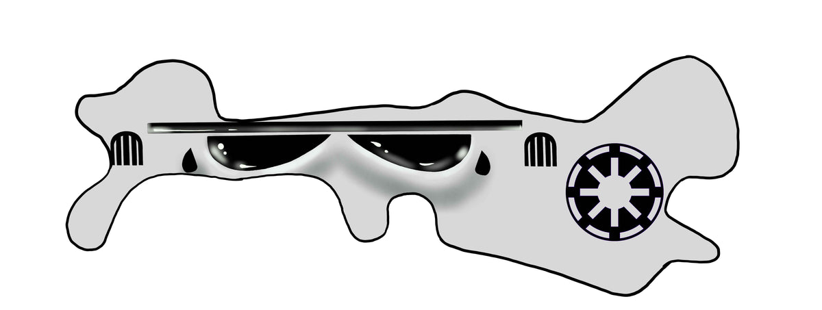 Stormtrooper helmet sticker with exaggerated, cartoonish features. The helmet is white with black details, including the eye slits, mouth guard, and earpieces. The iconic black stripe runs horizontally across the helmet. There is the addition of two large, black tear drops below the eye slits, giving the impression of sadness or frustration. There&#39;s a small, circular emblem featuring the iconic Star Wars symbol. The overall style is humorous and playful.