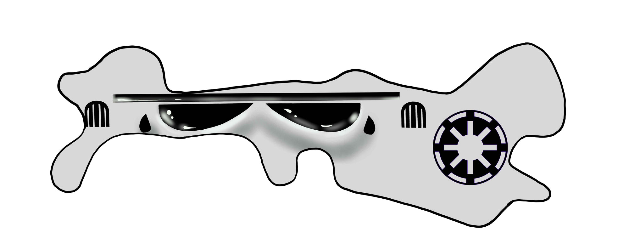 Stormtrooper helmet sticker with exaggerated, cartoonish features. The helmet is white with black details, including the eye slits, mouth guard, and earpieces. The iconic black stripe runs horizontally across the helmet. There is the addition of two large, black tear drops below the eye slits, giving the impression of sadness or frustration. There's a small, circular emblem featuring the iconic Star Wars symbol. The overall style is humorous and playful.