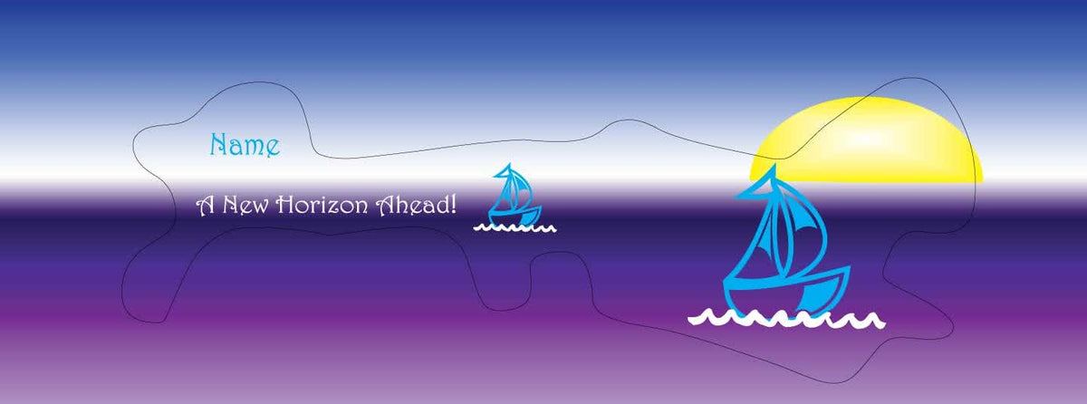 Nautical Doc Band Wrap with Blue Boats, a Sunset, your child&#39;s name and the words A New Horizon Ahead.,