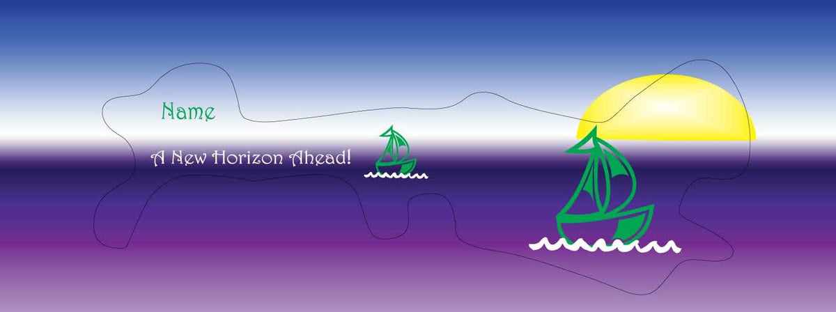 Nautical Doc Band Wrap with Green Boats, a Sunset, your child&#39;s name and the words A New Horizon Ahead.