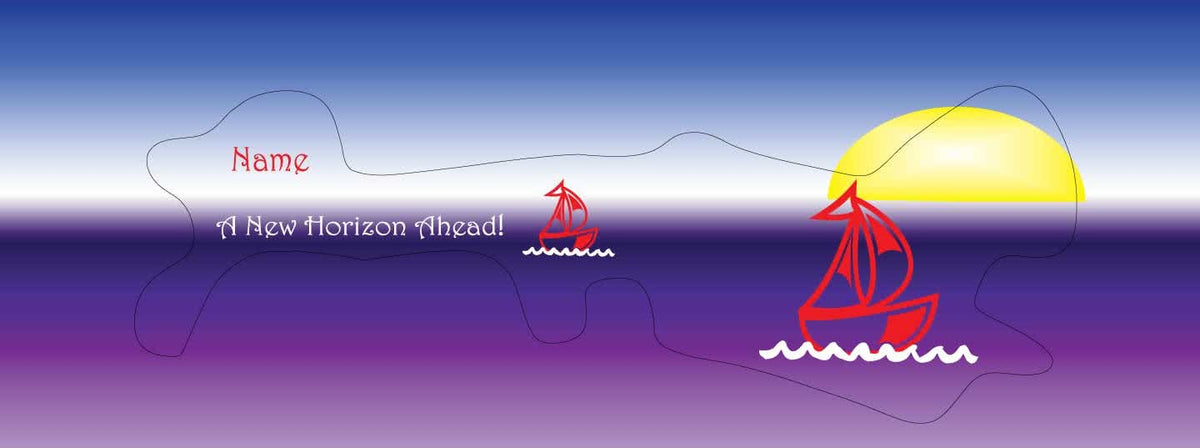 Nautical Doc Band Wrap with Red Boats, a Sunset, your child&#39;s name and the words A New Horizon Ahead.