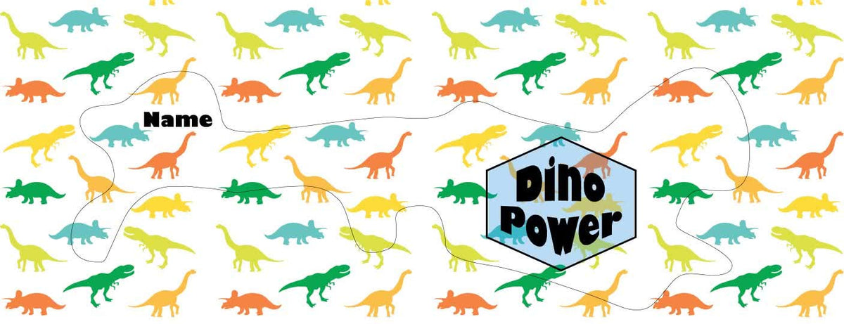 Dino power doc band wrap printed with dinosaurs your child&#39;s name and dino power in blue