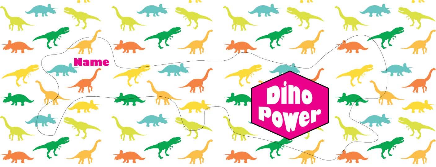 Dino power doc band wrap printed with dinosaurs your child's name and dino power in magenta