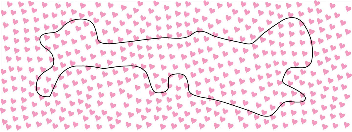 cranial helmet wrap printed with multiple pink hearts with a background color of white.