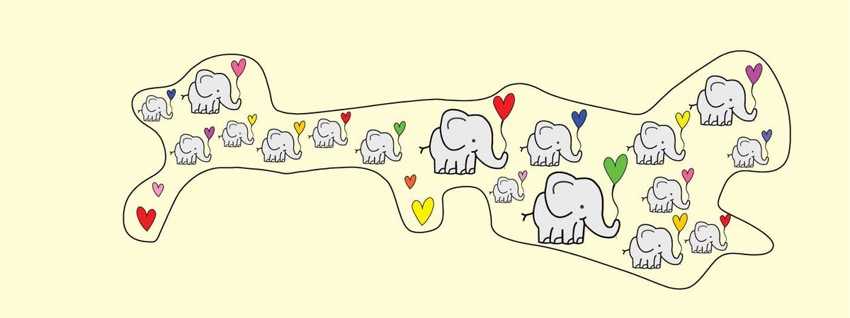 dob and wrap printed with elephants and heart shaped balloons with background in light yellow