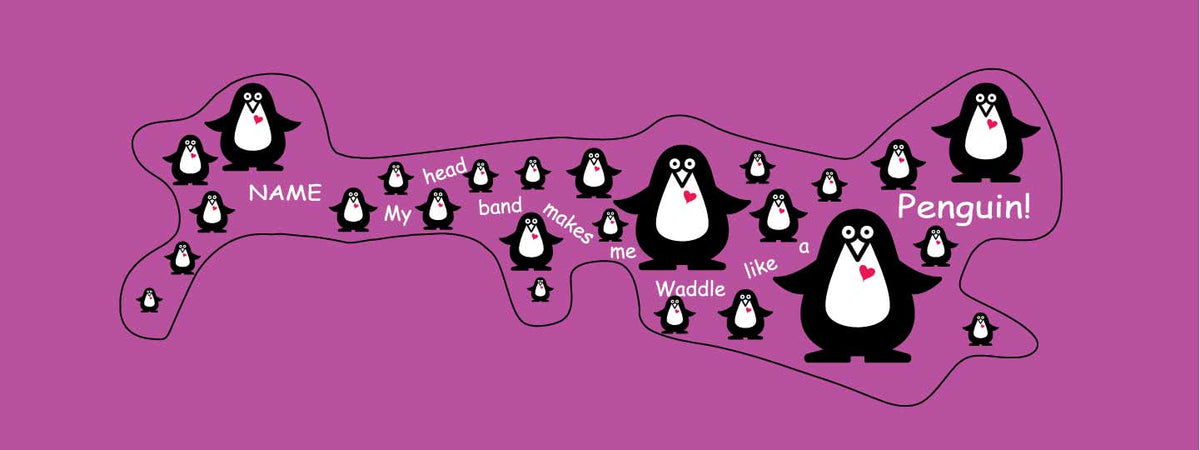 penguine doc band wrap printed with penguins and my head makes me waddle like a penguin. background color is dark violet