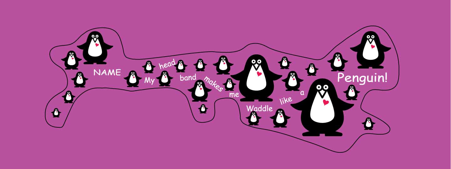 penguine doc band wrap printed with penguins and my head makes me waddle like a penguin. background color is dark violet