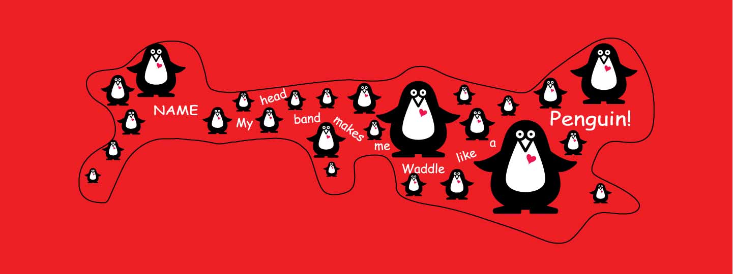 penguine doc band wrap printed with penguins and my head makes me waddle like a penguin. background color is red