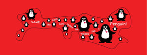 penguine doc band wrap printed with penguins and my head makes me waddle like a penguin. background color is red