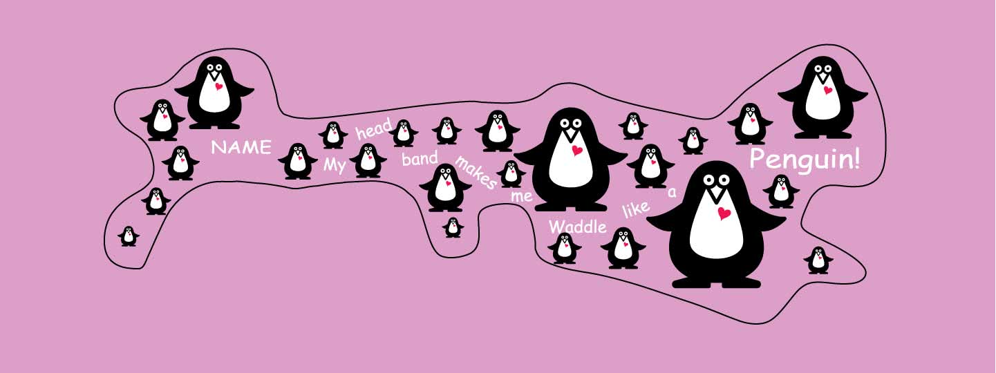 penguine doc band wrap printed with penguins and my head makes me waddle like a penguin. background color is violet