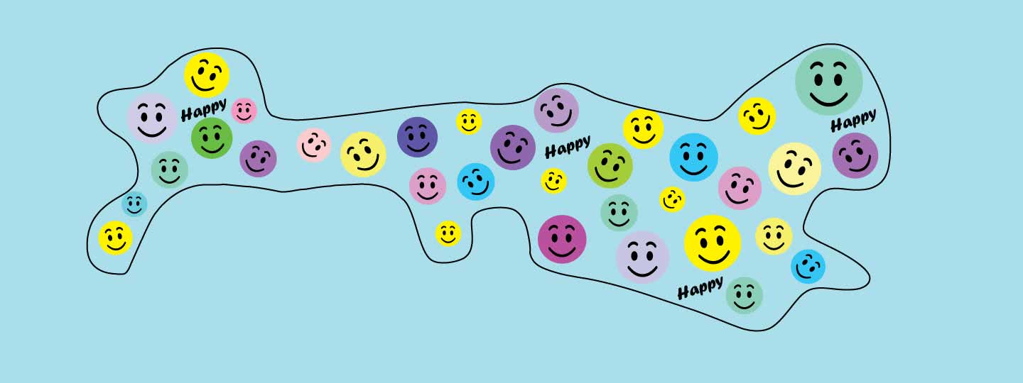 This baby cranial helmet decal is printed with multi colored smiley faces and the word happy. The background color is turquoise.