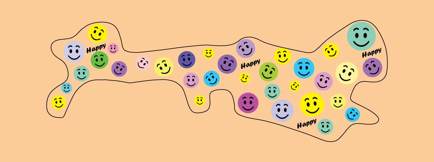 This baby cranial helmet decal is printed with multi colored smiley faces and the word happy. The background color is tan.