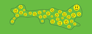 This plagiocephaly helmet design is printed with yellow smiley faces with a background color of light Lime Green.