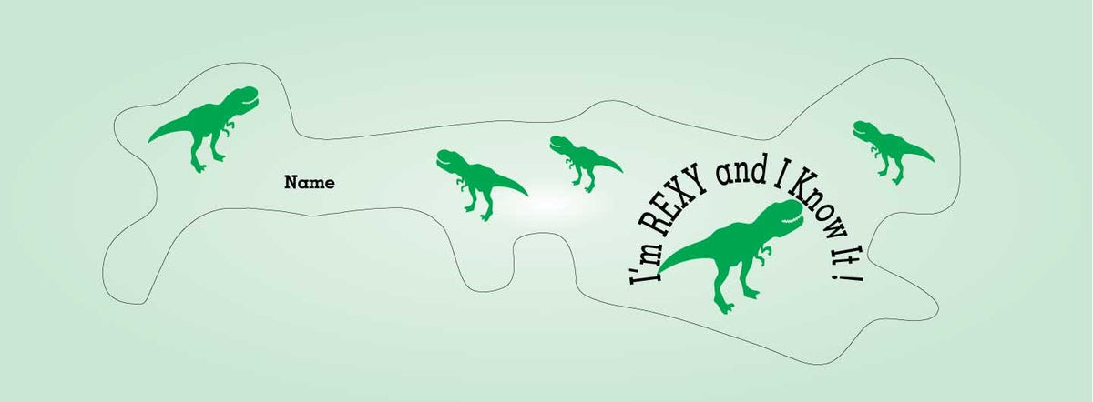 bling your band with this baby helmet wrap. This helmet wrap is printed with T-rex dinos and the words I&#39;m Rexy and I know it! background color is light green.