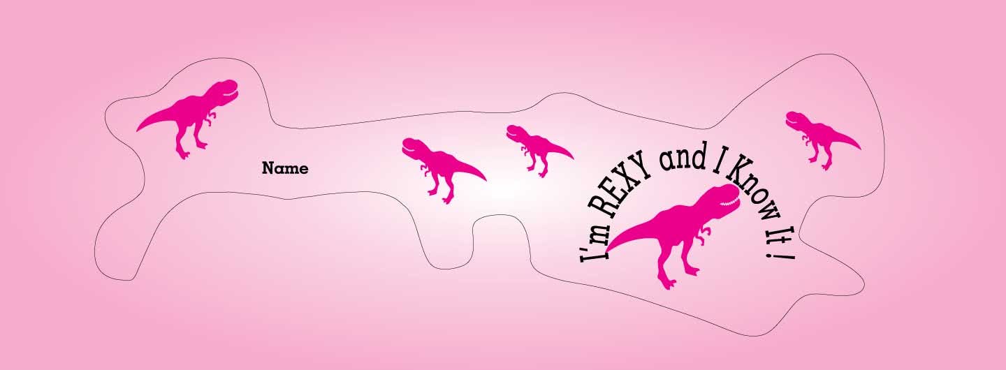 bling your band with this baby helmet wrap. This helmet wrap is printed with T-rex dinos and the words I'm Rexy and I know it! background color is magenta.