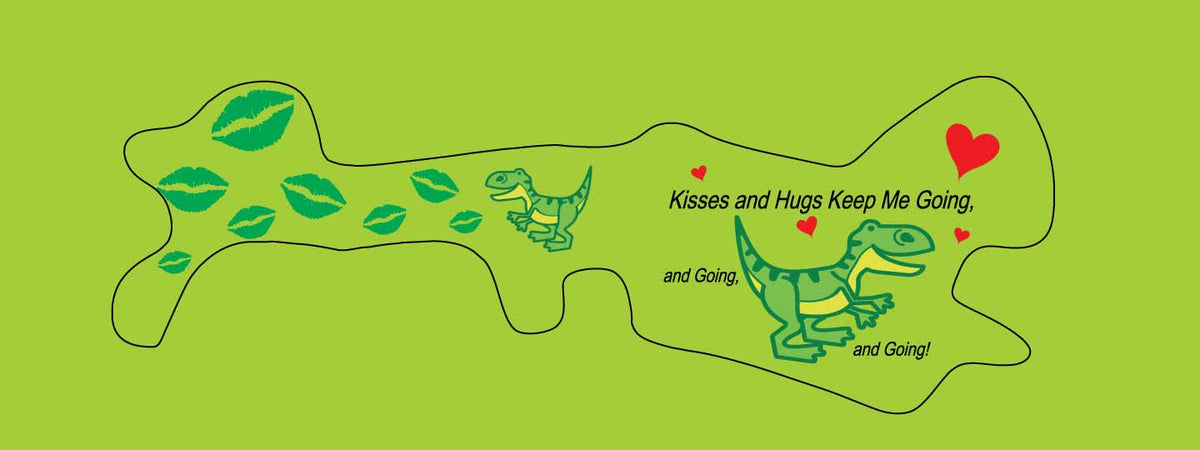 Baby Helmet Wrap printed with dinosaurs and the words kisses and hugs keep me going, and going, and going. background color is lime green.