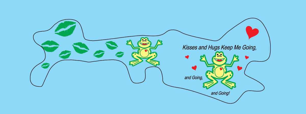 Doc Band Wrap printed with frogs and the words kisses and hugs keep me going, and going,and going. background color is light blue. 