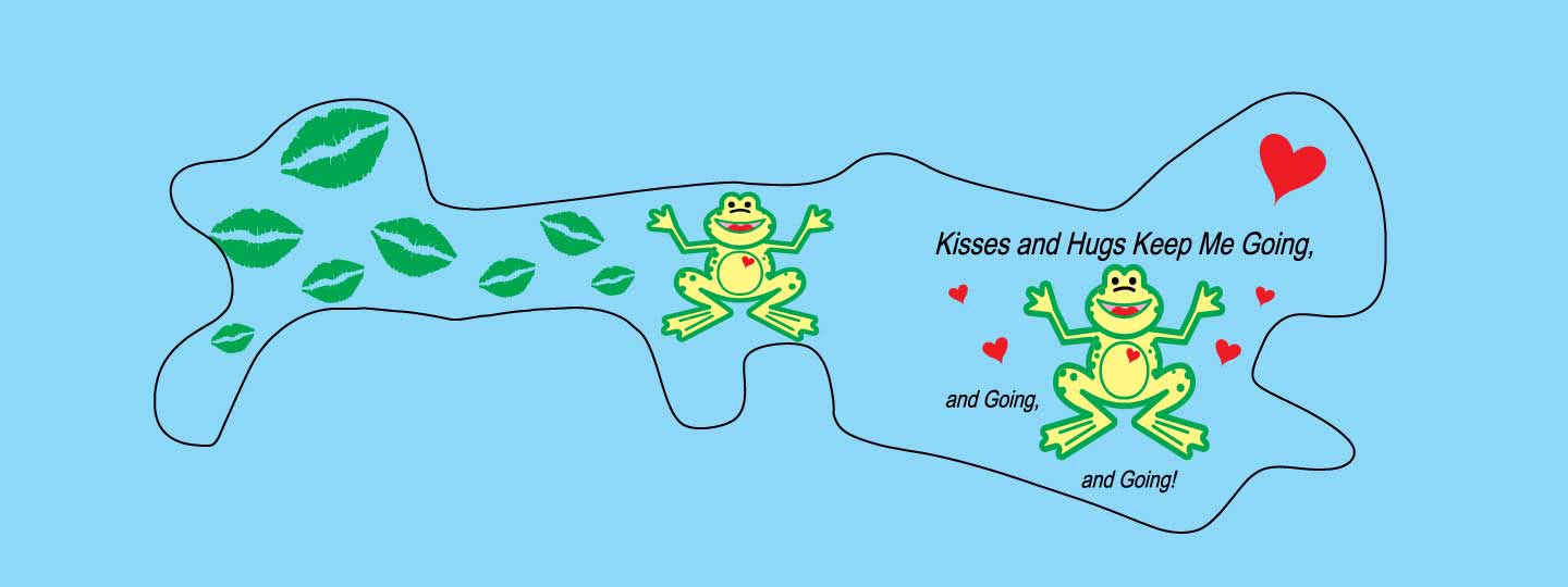 Doc Band Wrap printed with frogs and the words kisses and hugs keep me going, and going,and going. background color is light blue. 