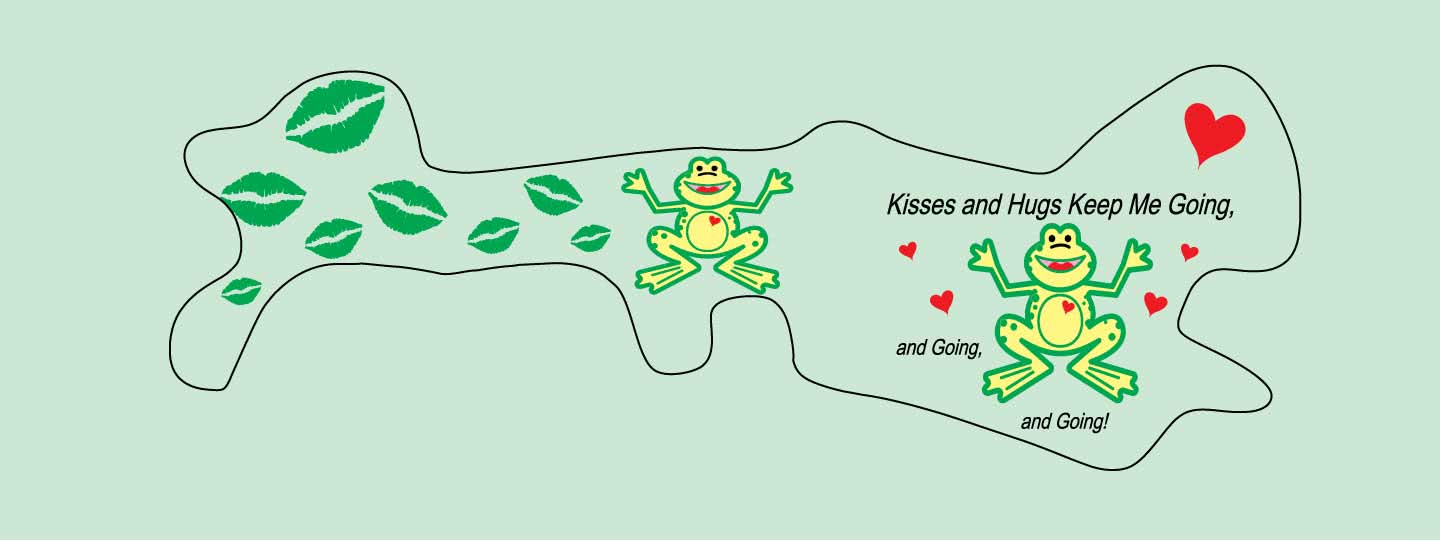 Doc Band Wrap printed with frogs and the words kisses and hugs keep me going, and going,and going. background color is mint. 