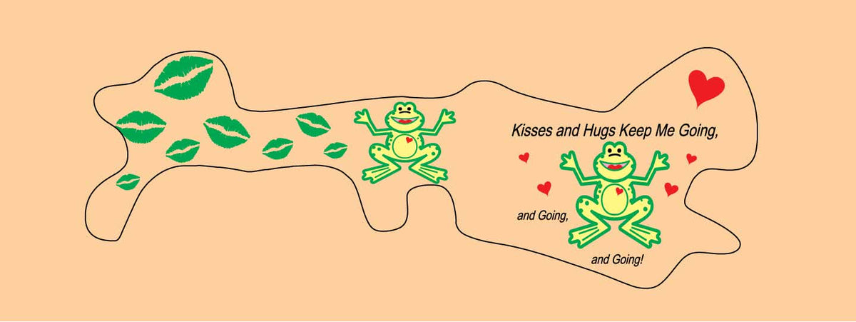 Doc Band Wrap printed with frogs and the words kisses and hugs keep me going, and going,and going. background color is peach. 