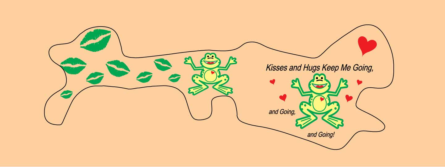 Doc Band Wrap printed with frogs and the words kisses and hugs keep me going, and going,and going. background color is peach. 