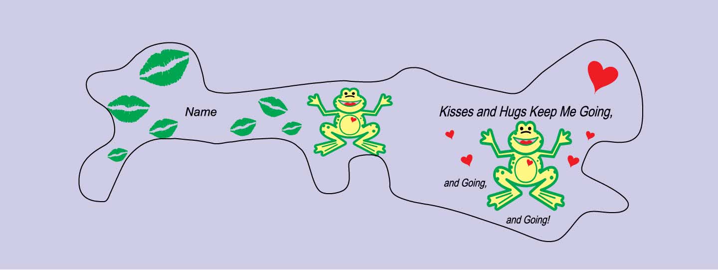 Doc Band Wrap printed with frogs and the words kisses and hugs keep me going, and going,and going. background color is lavender. 