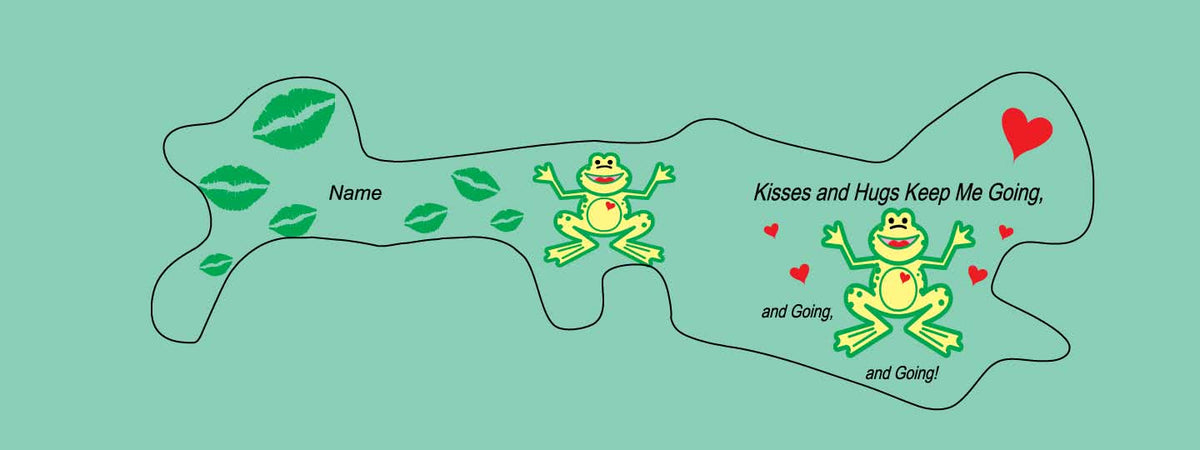 Doc Band Wrap printed with frogs and the words kisses and hugs keep me going, and going,and going. background color is light green. 