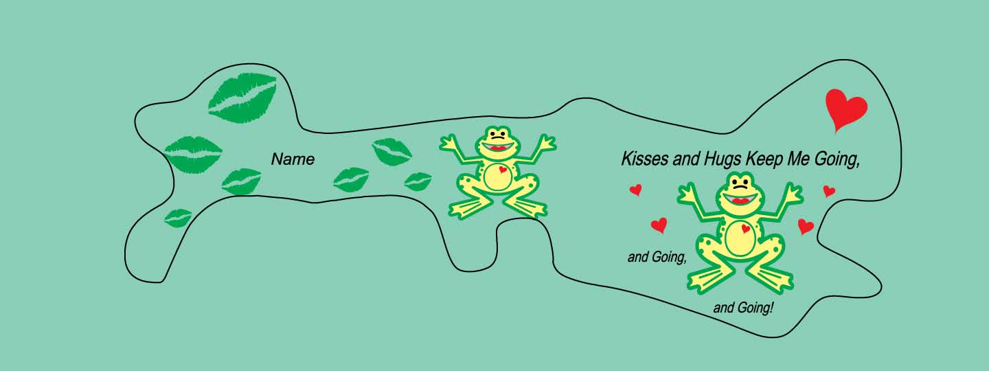 Doc Band Wrap printed with frogs and the words kisses and hugs keep me going, and going,and going. background color is light green. 