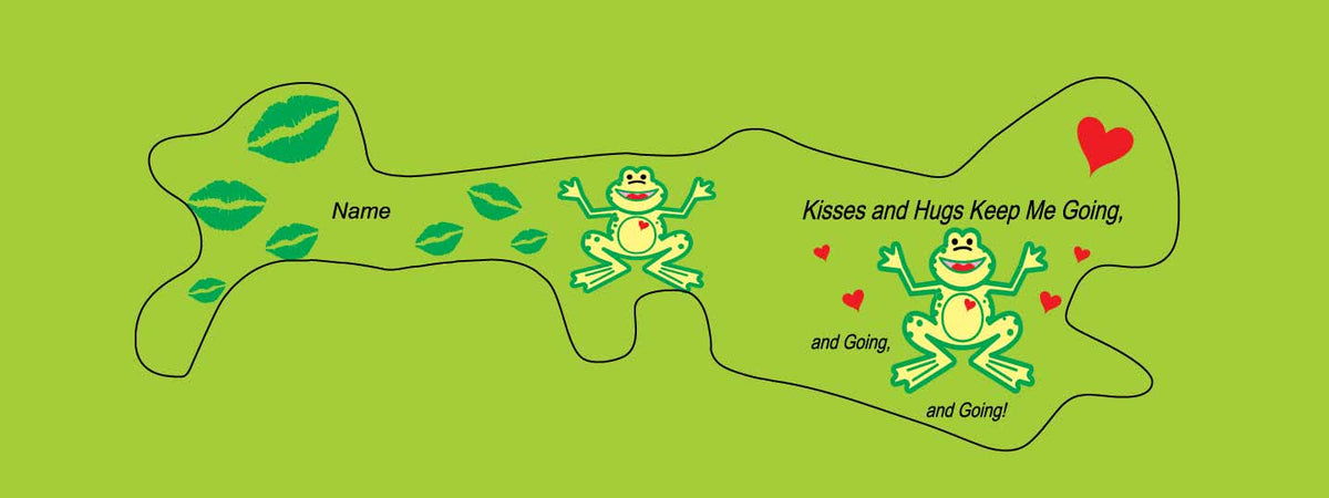 Doc Band Wrap printed with frogs and the words kisses and hugs keep me going, and going,and going. background color is lime. 