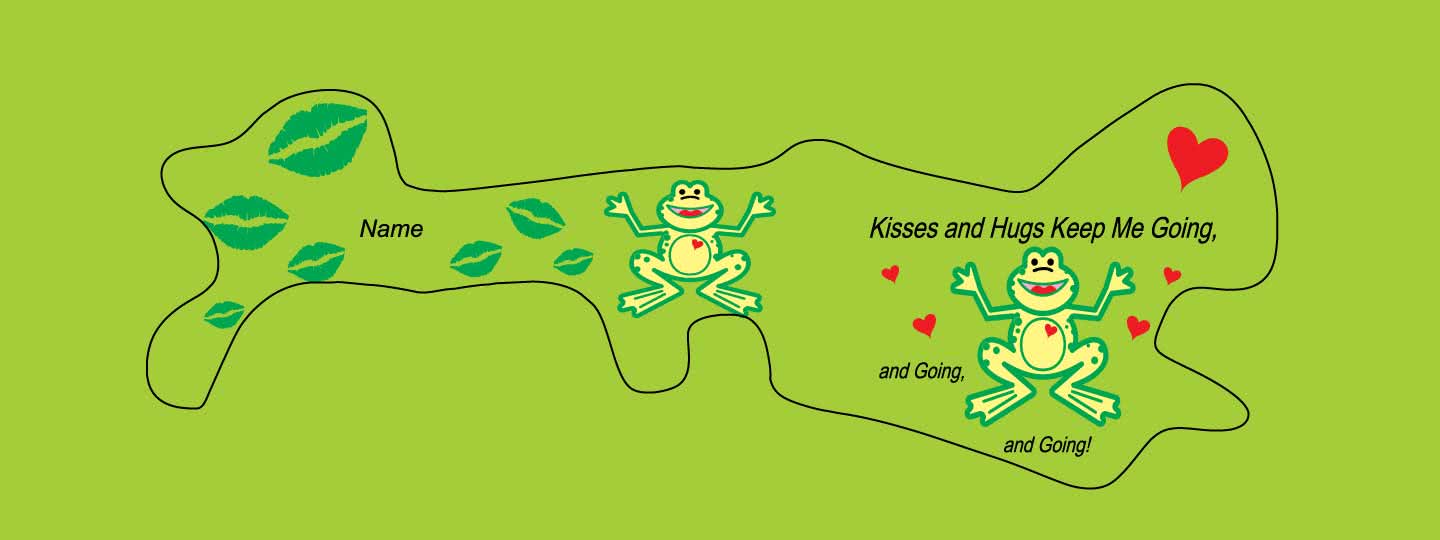 Doc Band Wrap printed with frogs and the words kisses and hugs keep me going, and going,and going. background color is lime. 