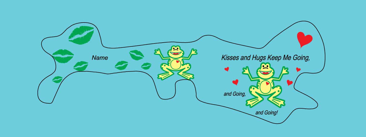 Doc Band Wrap printed with frogs and the words kisses and hugs keep me going, and going,and going. background color is turquoise. 