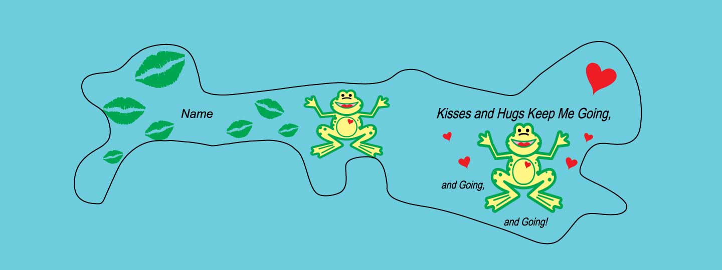 Doc Band Wrap printed with frogs and the words kisses and hugs keep me going, and going,and going. background color is turquoise. 