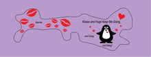 Load image into Gallery viewer, Lavender Background doc band wrap printed with a penguin image and red lips. the words kisses and hugs keep me going, and going, and going are in black.
