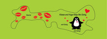 Load image into Gallery viewer, Lime Background doc band wrap printed with a penguin image and red lips. the words kisses and hugs keep me going, and going, and going are in black.

