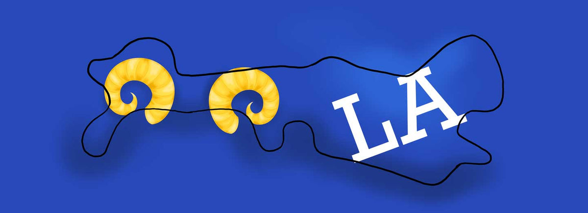 Football team LA Rams inspired cranial helmet decal.