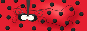 Ladybug theme cranial helmet decal printed in red white and black with a temporary cranial helmet outline.