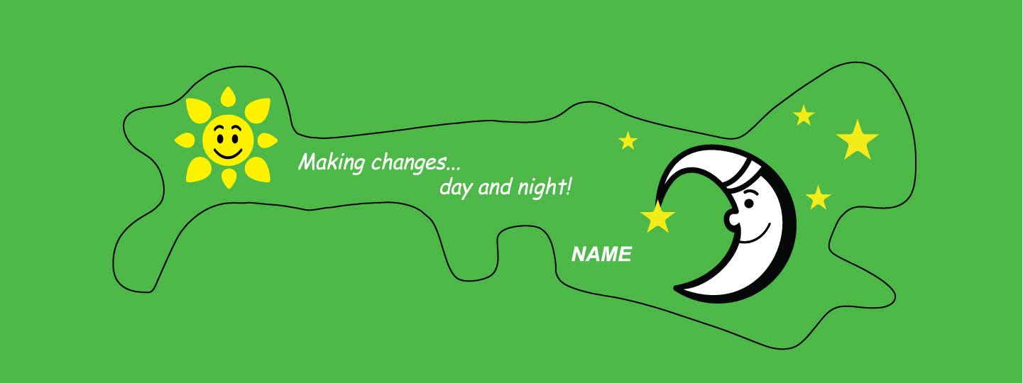 Green doc band wrap printed with the sun and moon smiley face and the words making changes day and night.