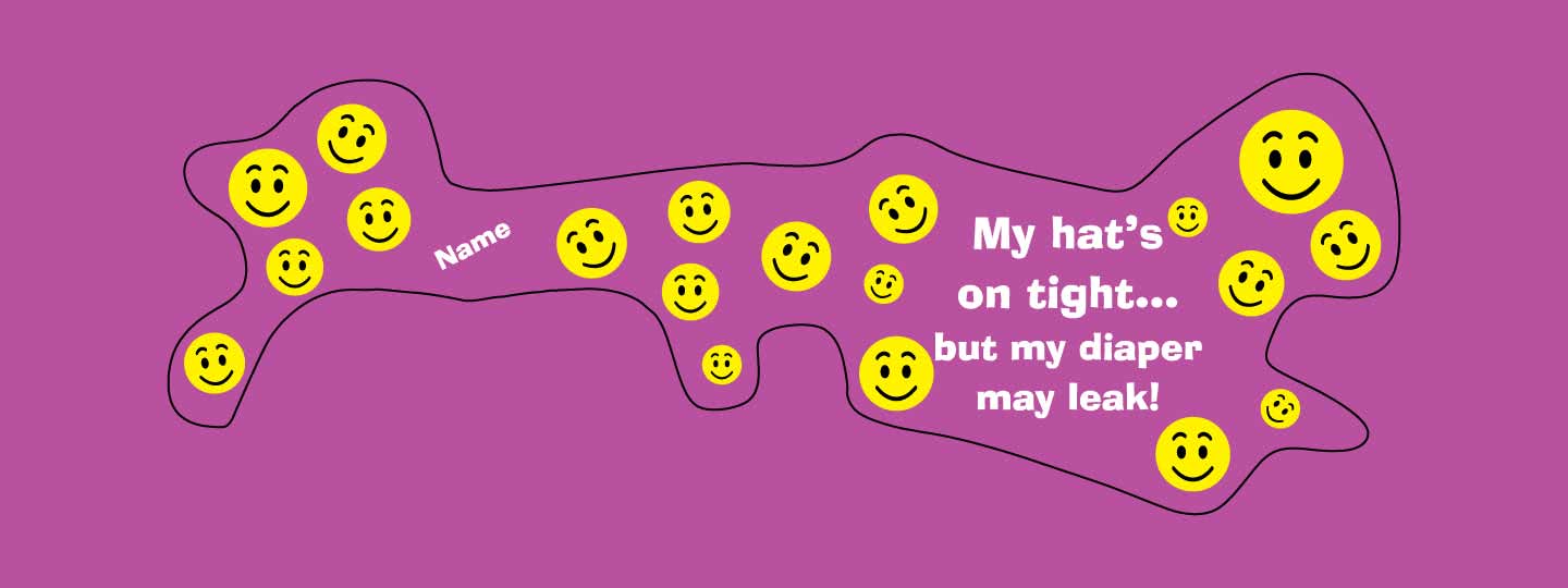 Doc band wrap with smiley faces and your child's name along with the words, my hat's on tight... but my diaper may leak! background color is dark violet.