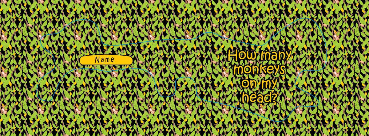 plagiocephaly helmet wrap printed with your child&#39;s name and how many monkeys on my head? with monkeys in trees background.