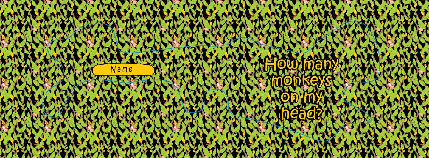 plagiocephaly helmet wrap printed with your child's name and how many monkeys on my head? with monkeys in trees background.