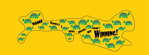 Doc band wrap printed with turtles and the words slowly I will reach my goal. background color is dark yellow.