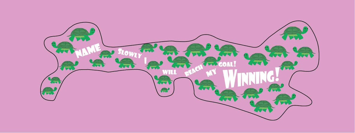 Doc band wrap printed with turtles and the words slowly I will reach my goal. background color is violet.