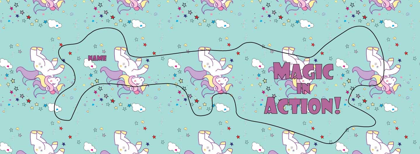 Unicorns magic in action doc band wrap. this wrap has a unicorn background and the words magic in action printed on it.