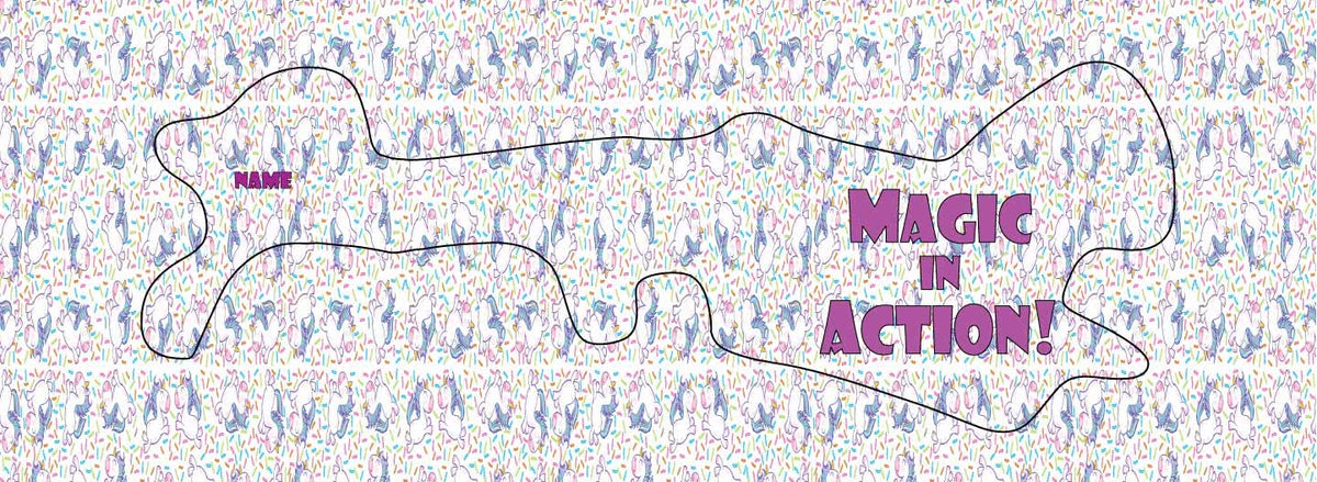 Unicorns magic in action doc band wrap. This wrap has a tiled unicorn background and the words magic in action printed on it.