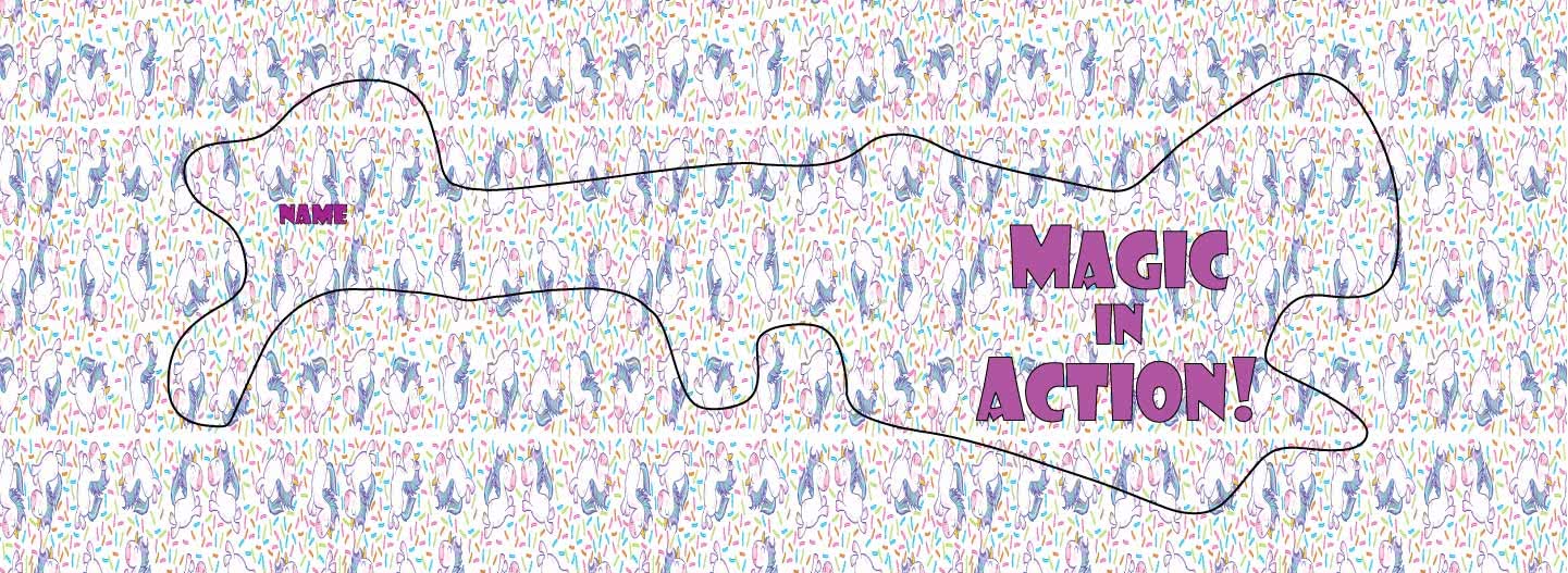 Unicorns magic in action doc band wrap. This wrap has a tiled unicorn background and the words magic in action printed on it.